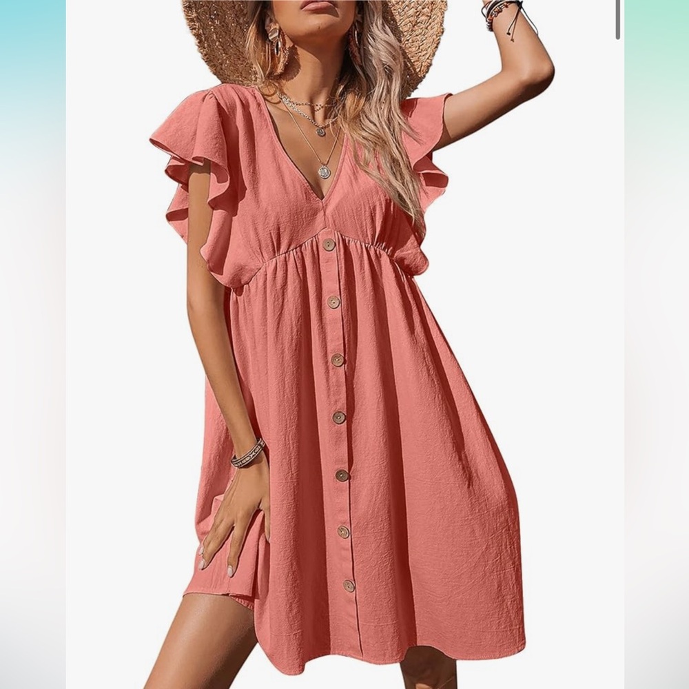 Coral Ruffle Sleeve Mini Dress